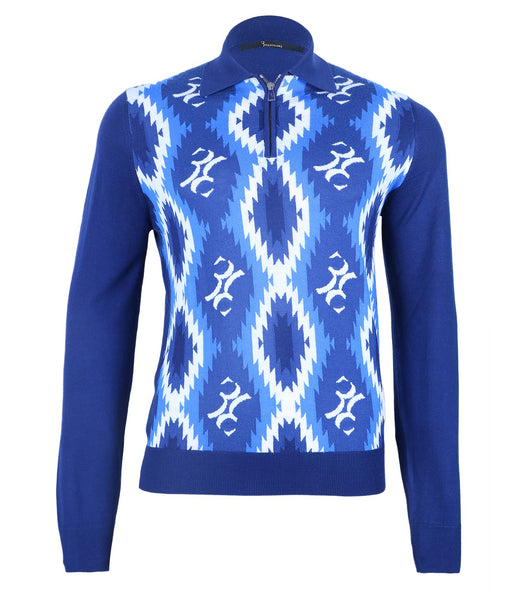 Blue Patterned Polo Sweater