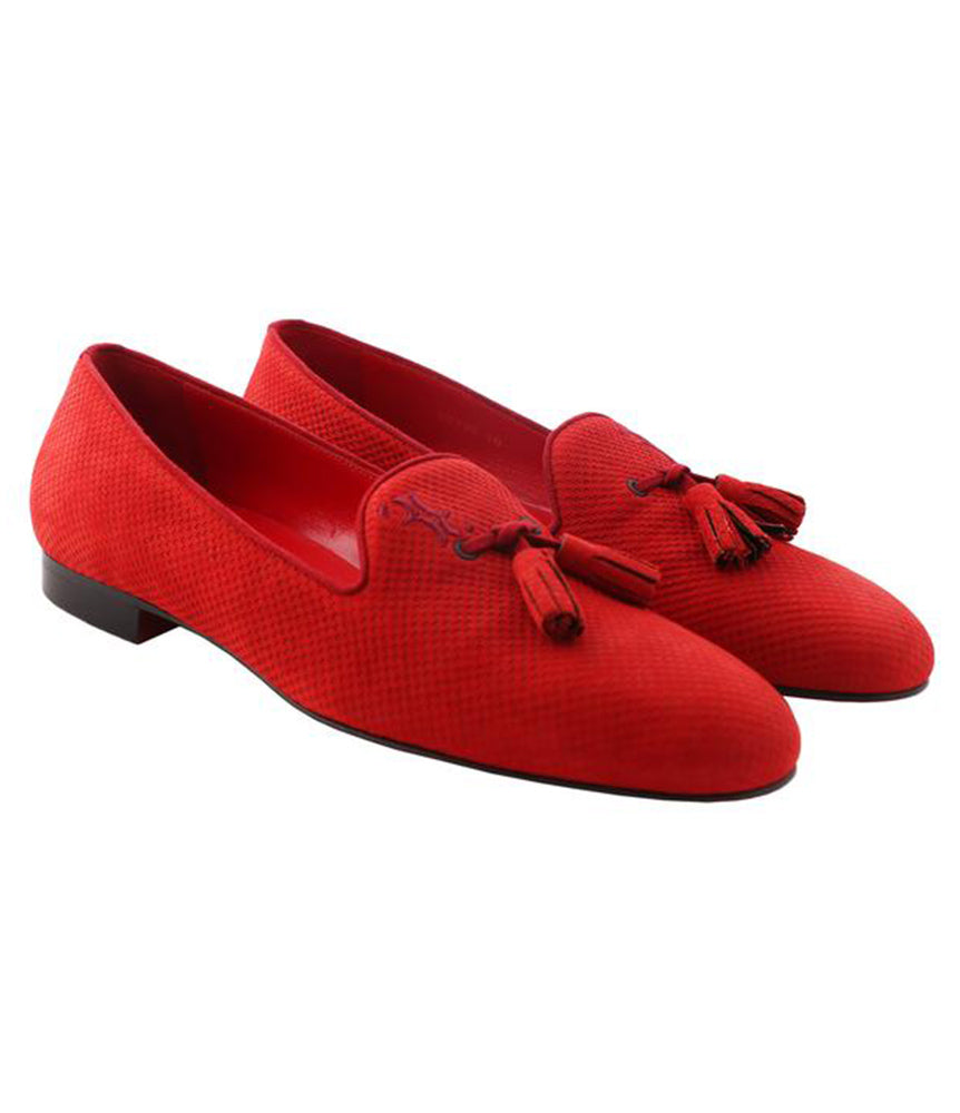 Men's Red Calfskin Loafers with Logo Embroidery outtlet.com