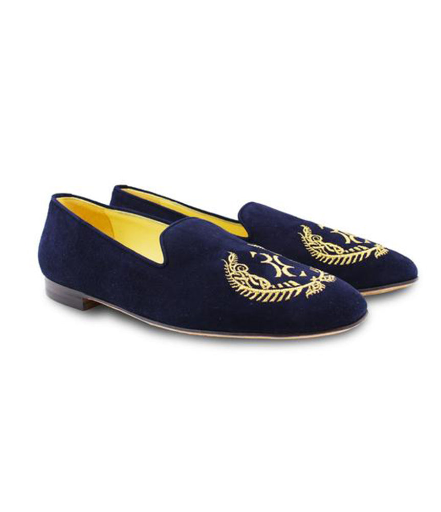 Navy Blue Suede Men's with Contrast Embroidery